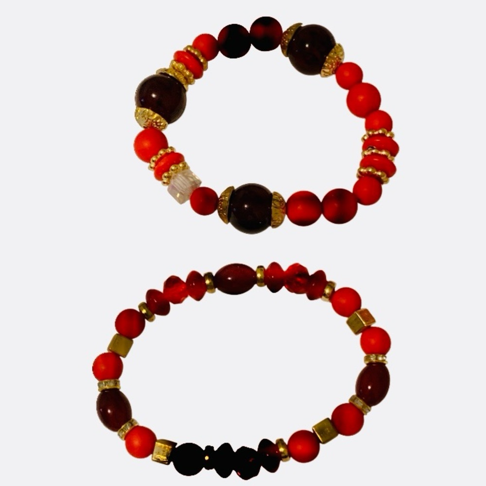 Bracelet Set 4 PC Handmade Boho Red Natural Stone Beaded Heart Charm 
Stackable - Picture 9 of 11